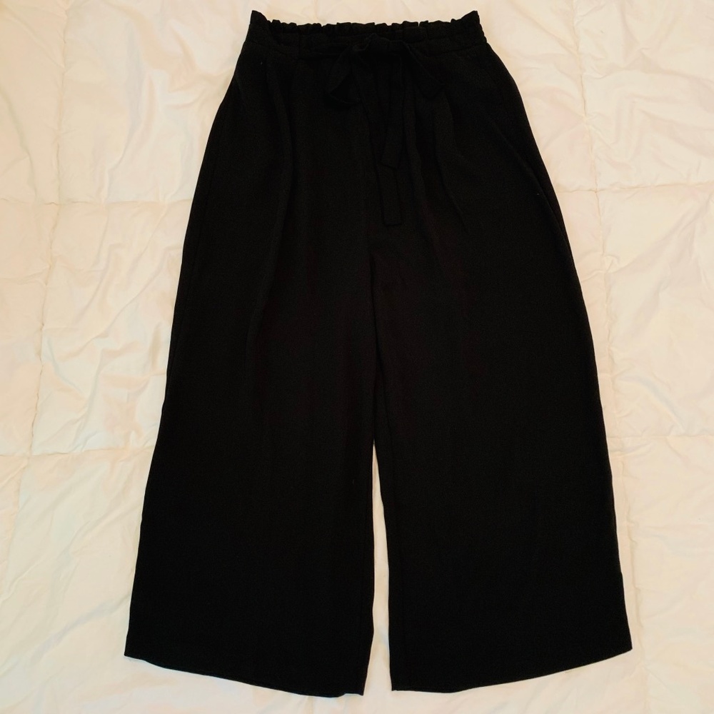Black Paper Bag Waist Wide Leg Cropped Pant